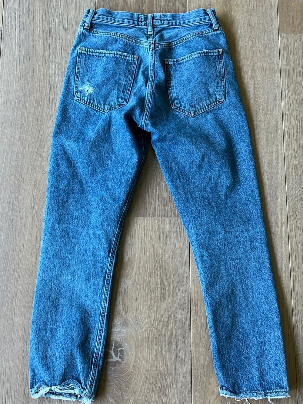 Agolde Jeans. Agolde Riley Distressed Crop Light Blue Denim Button Closure. - Picture 7 of 10